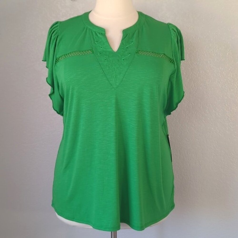 Truself 2X Blouse Kelly Green Flutter Sleeves V-Neck Soft Jersey Top